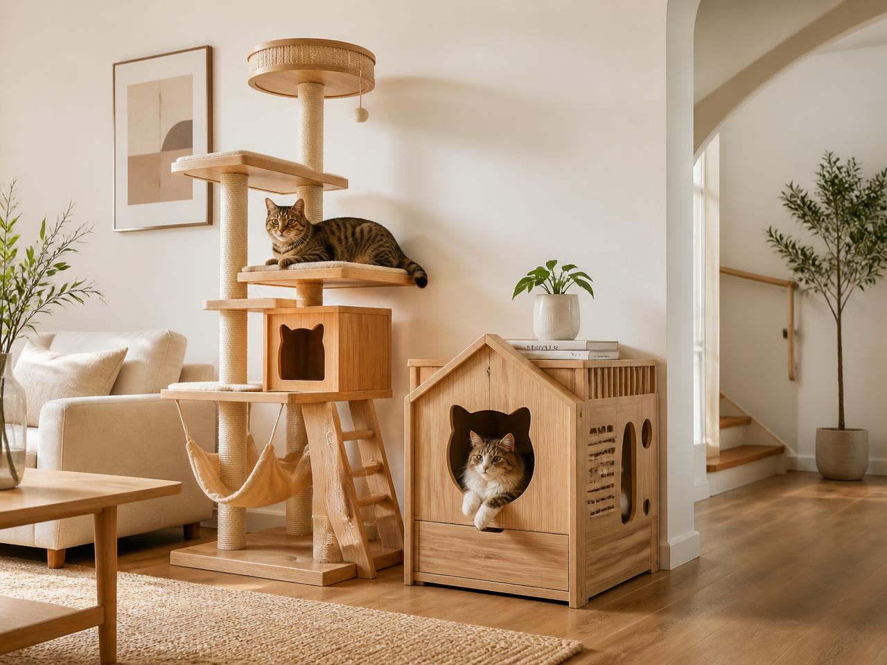 Dalico Pets solid wood cat tree and cat house in a modern Singapore living room